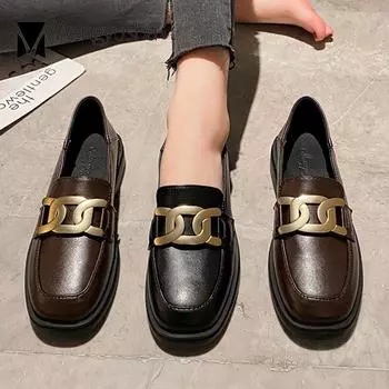 Модные женские туфли на плоской подошве большого размера 34-43, кожаные туфли с металлической цепочкой, 2024, квадратный носок, туфли-лоферы, дерби, толстые каблуки, оксфорды 4.5 чёрный