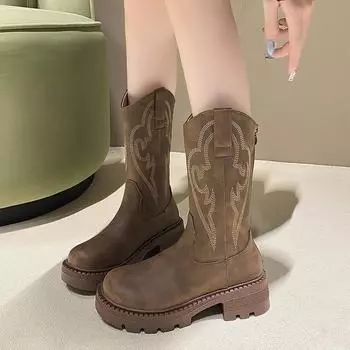 Модные женские туфли на плоской подошве до середины голени, ботинки челси, зимняя модная обувь на платформе 2024 года, дизайнерские трендовые платья, готические ботинки, удобные для ходьбы, Zapatos Mujer 35 темно-коричневого