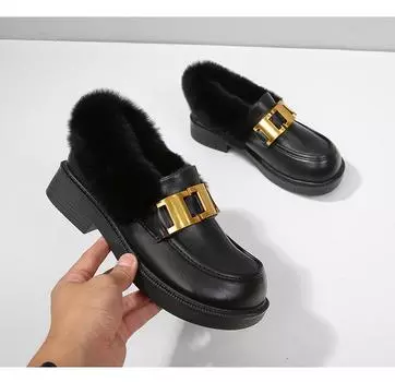 Модные женские туфли на плоской подошве из кроличьего меха размера 43 с металлической пряжкой, небольшие кожаные туфли для женщин, дерби, толстые каблуки, большие носки, плюшевые мокасины 4.5 чёрный