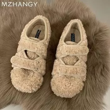 модные женские туфли на плоской подошве из хлопка с мехом, повседневные модные теплые туфли-лоферы, женская обувь 2025 года, трендовые зимние удобные туфли для ходьбы, женские зимние ботинки 35 бежевый