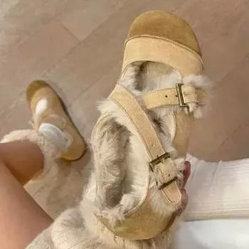 модные женские туфли на плоской подошве из меха, замши и хлопка, удобные плюшевые теплые сандалии для женщин, зима 2025 года, трендовые дизайнерские модные ретро-повседневные туфли Zapatillas Mujer 35 абрикосовый