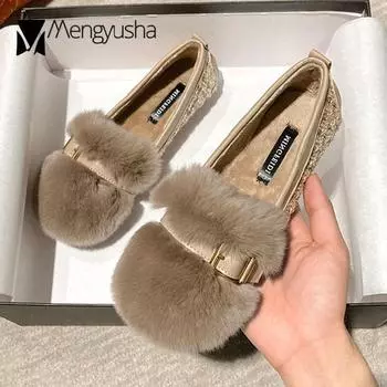 Модные женские туфли на плоской подошве из кроличьего меха с металлической пряжкой на ремне, зимние хлопковые туфли, женские мокасины с мехом, большие размеры 35-43, мягкие мокасины без застежек 5 хаки
