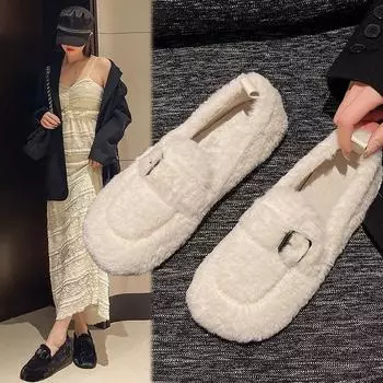 Модные женские туфли на плоской подошве из плюша, зимние теплые модные фирменные дизайнерские повседневные офисные туфли для банкета 35 бежевый