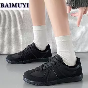 модные женские туфли на плоской подошве кроссовки меховые теплые туфли 2025 тренд короткие плюшевые зимние новые беговые спортивные ботинки дизайнерские повседневные прогулочные Mujer Zapatos 35 бежевый