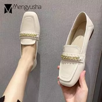 Модные женские туфли на плоской подошве, мокасины из цельной кожи с квадратным носком и металлическими цепочками, удобные кроссовки без застежек, женские джинсы Mary 5 чёрный