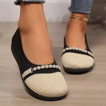 Модные женские туфли на плоской подошве, осенние, новые, с круглым носком, с неглубоким горлом, с сеткой из бисера, дышащие, мягкие, нескользящие, летающие, тканые туфли 36 бежевый