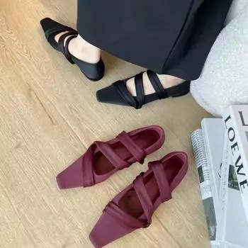 Модные женские туфли на плоской подошве, повседневная женская обувь 2024 года, новинка, летние мокасины с квадратным носком, балетные туфли для танцев, сплошные лоферы с перекрестным ремнем 35 чёрный
