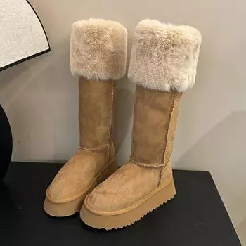 модные женские туфли на плоской подошве с мехом до колена, высокие сапоги на платформе, замшевые, до середины голени, теплые, плюшевые, хлопковые туфли, женские, трендовые, удобные, нескользящие, ботинки Mujer 35