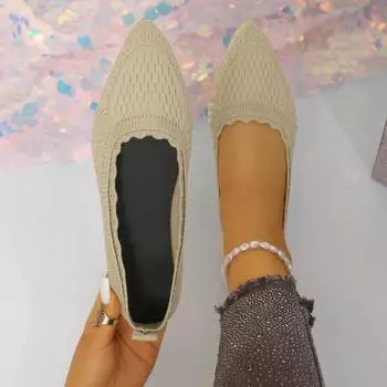 Модные женские туфли на плоской подошве с острым носком, однотонные вязаные кроссовки без застежек, женские повседневные дышащие балетки на плоской подошве, туфли для женщин 36 абрикосовый