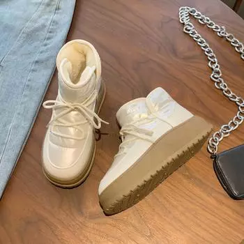 модные женские туфли на плоской подошве с ботильонами на платформе, зимние ботинки, теплые плюшевые туфли, брендовые повседневные кроссовки для женщин, зима 2025 года, тренд, удобные ботинки на шнуровке, женские ботинки 35 бежевый
