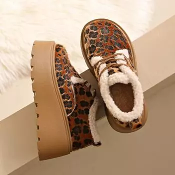 модные женские туфли на плоской подошве с леопардовым принтом на меховой платформе из замши и плюша из хлопка, зимние теплые повседневные спортивные туфли для женщин 2025 года, трендовые туфли на шнуровке Zapatos Mujer 35 коричневый