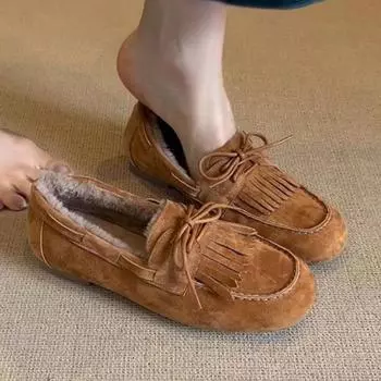 Модные женские туфли на плоской подошве с круглым носком в стиле ретро 2024 года, новые удобные и теплые зимние слипоны, стильные и прочные женские повседневные мокасины 35 коричневый