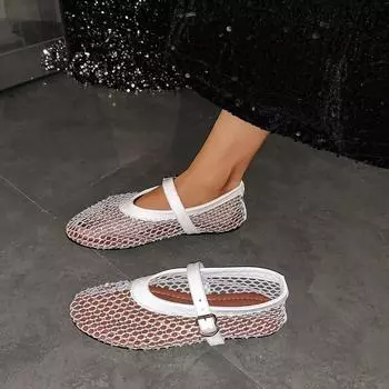 Модные женские туфли на плоской подошве с открытой сексуальной пряжкой, закрытый носок, летние повседневные женские ботинки на плоской подошве со стразами 2024 года 35 серебряный