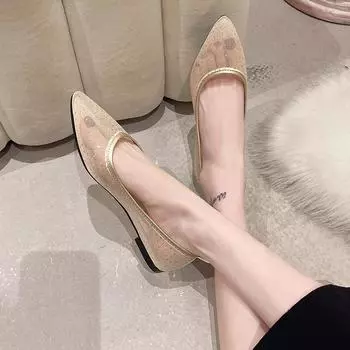 Модные женские туфли на плоской подошве с сетчатым дизайном и платформой 2024 года с острым носком, повседневная летняя обувь в горошек с вентиляцией 35 бежевый