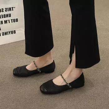 Модные женские туфли на плоской подошве с квадратной головкой и цепочкой Весенняя мода для мелкой ходьбы Новые удобные элегантные женские туфли 35 чёрный