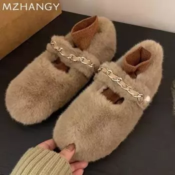 Модные женские туфли на плоской подошве с меховой цепочкой, осенняя новая дизайнерская повседневная обувь для женщин 2024 года, трендовая домашняя хлопковая обувь, удобное платье для прогулок Mujer Zapatos 35 хаки