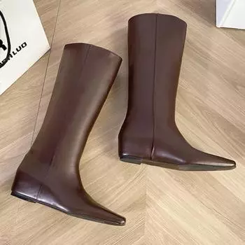 модные женские туфли на плоской подошве с высокими сапогами до колена с квадратным носком, зима 2025, новый тренд, готические туфли челси, повседневные кожаные туфли, модное платье, Botas Mujer 35 чёрный