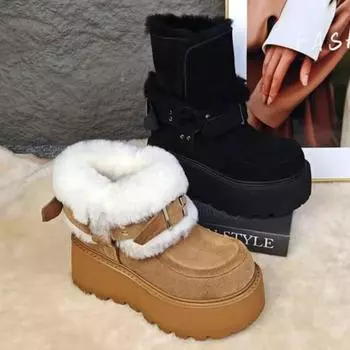 Модные женские туфли на плоской подошве с мехом, зимние ботинки на платформе, замшевые, теплые, плюшевые, хлопковые, брендовые туфли на высоком каблуке, зима 2025, трендовые ботинки Mujer 35 коричневый
