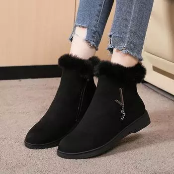 Модные женские туфли на плоской подошве с мехом и кристаллами, роскошные ботильоны «Челси» на зиму 2024 года, новые теплые короткие хлопковые зимние ботинки 36 чёрный
