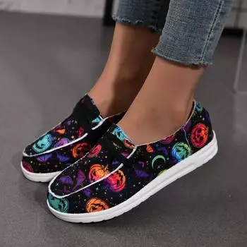 Модные женские туфли на плоской подошве с принтом из холста 2024 года, осенние туфли с тыквенным черепом на Хэллоуин, женские повседневные кроссовки для отдыха на открытом воздухе, большой размер 36 чёрный