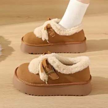 Модные женские туфли на плоской подошве с бантом и мехом, замшевые туфли на платформе, плюшевые хлопковые туфли, брендовая повседневная обувь на мелкой подошве, зимняя мода, уютная, теплая, Zapatos Mujer 35 коричневый