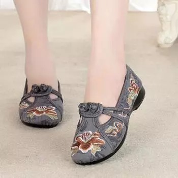 Модные женские туфли на плоской подошве с традиционной вышивкой, мягкие мокасины, весна-осень, китайские туфли без застежек 35 серый