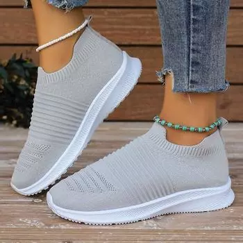 Модные женские туфли на плоской подошве Slip On, размер плюс 43, дышащие трикотажные кроссовки на платформе для женщин 2024 года, повседневная обувь с мягкой подошвой для женщин 35 чёрный
