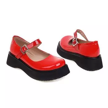 Модные женские туфли на плоской подошве Весна 2024 Модные женские туфли на плоской платформе с танкеткой Повседневные лакированные туфли Мэри Джейн с ремешками для девочек Большие размеры 34 чёрный