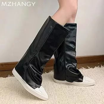 Модные женские туфли на плоской подошве, высокие сапоги с острым носком, дизайнерская новая женская обувь, тренд 2025 года, модные ботинки челси, зимние уютные женские готические зимние ботинки 35