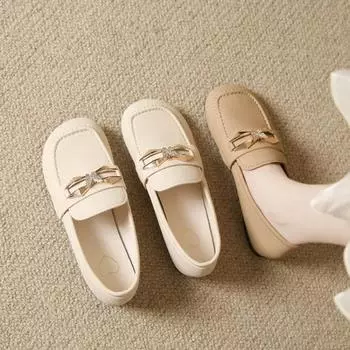 Модные женские туфли на плоской подошве, женские 2024, новые повседневные туфли в британском стиле, маленькие кожаные туфли на весну и осень, шапочки 35 бежевый