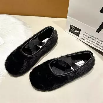 Модные женские туфли на плоской подошве, зимние новые туфли с круглым носком и неглубоким носком, нескользящие, удобные, плюшевые туфли 35 чёрный