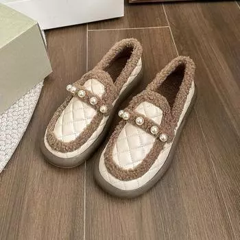 Модные женские туфли на плоской подошве, зимние новые туфли с круглым носком и глубоким ртом, с бусинами, мягкая подошва, нескользящая, износостойкая, низкая обувь 35 бежевый