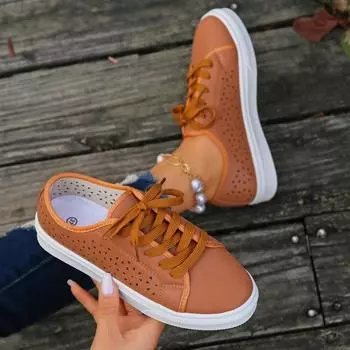 Модные женские туфли на шнуровке для взрослых, женские кроссовки с полым низким каблуком, однотонные осенние женские туфли из вулканизированной кожи Zapatos Deportivos 36