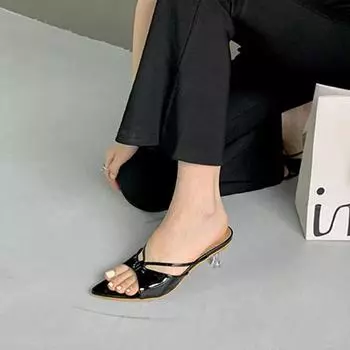 Модные женские туфли на среднем каблуке, новые, с острым носком, модные, с открытым носком, женские, повседневные, сандалии, женские, Verano 2024 35 чёрный