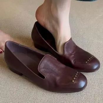 модные женские туфли на среднем каблуке повседневные мюли кожаные туфли 2025 года новые ретро-туфли в римском стиле модные удобные туфли-лодочки для прогулок на свежем воздухе Zapatillas Mujer 35 чёрный