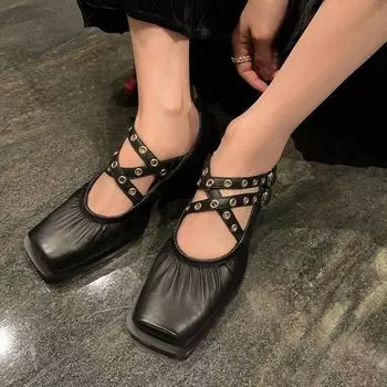 модные женские туфли на среднем каблуке с массивным носком, дизайнерские туфли с квадратным носком, осенняя мода 2024 года, балетные туфли, туфли-лодочки, платье, бренд Mujer Zapatos 35 чёрный