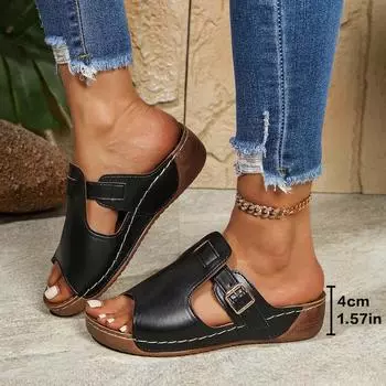 Модные женские туфли на танкетке с плоской подошвой 2025 года в римском стиле с прямым ремнем и пряжкой в форме рыбьего рта 36 чёрный