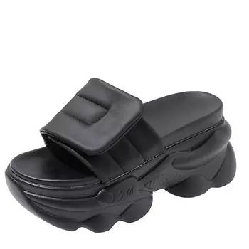 Модные женские туфли на толстой платформе с каблуком 8 см, с открытым носком, кожаные босоножки на танкетке, лето 2024 г., женские шлепанцы с толстой подошвой 34 бежевый