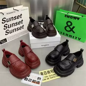 Модные женские туфли на толстой подошве, новые модные тенденции весны и осени 2024 года, туфли на плоской подошве, повседневные кожаные туфли класса люкс в ретро-британском стиле 35 вино красного