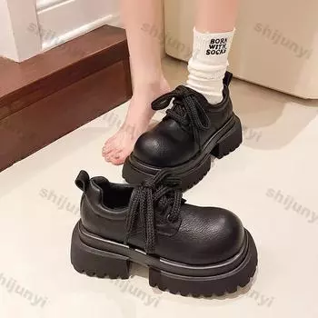 Модные женские туфли на толстой подошве, увеличивающие рост, 2024 года, новые модные туфли на шнуровке с круглым носком из кожи в стиле ретро, повседневная обувь из Японии 35