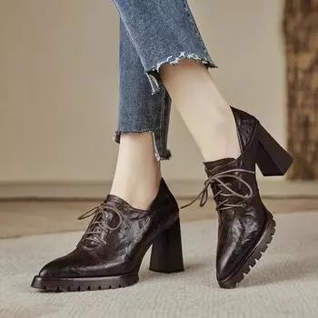 Модные женские туфли на толстом каблуке, осенние, новые, с острым носком, с глубоким ртом, с передней молнией, противоскользящие, износостойкие, высокие каблуки 34