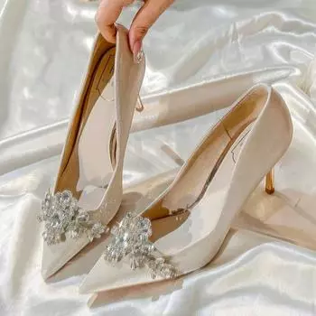 Модные женские туфли на тонком каблуке, осенние, новые, с заостренным носком, с неглубоким горлом, со стразами и цветами, без застежек, модные туфли на высоком каблуке 34 абрикосовый