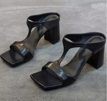 Модные женские туфли на высоком каблуке 2024 года, летние новые тапочки, модные универсальные однотонные босоножки на среднем толстом каблуке с квадратным носком для женщин 34 красный