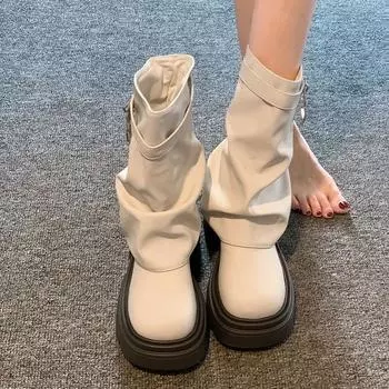 Модные женские туфли на высоком каблуке 2024 года, осень-зима, новые короткие сапоги, французская ретро-женская обувь, толстая подошва, универсальные женские кожаные туфли 35 чёрный