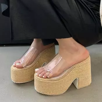 Модные женские туфли на высоком каблуке 2024 года, новые летние модные прозрачные сандалии на толстой подошве, повседневные уличные пляжные туфли с открытым носком на высоком каблуке 34 абрикосовый