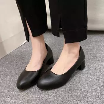 Модные женские туфли на высоком каблуке 2024 года, новые модные туфли-одиночки, женские рабочие туфли с неглубоким носком, женские черные кожаные туфли на толстом каблуке 35 чёрный