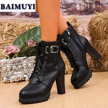модные женские туфли на высоком каблуке ботильоны на платформе зимние туфли челси 2024 тренд меховые зимние теплые женские роскошные туфли-лодочки на шнуровке готические ботинки женские 35 чёрный