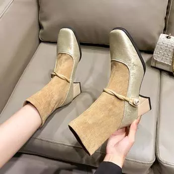 модные женские туфли на высоком каблуке из жемчужной замши, ботильоны с квадратным носком, массивная обувь, зима 2025, новые дизайнерские зимние ботинки челси, сексуальные туфли-лодочки Botas 35 чёрный