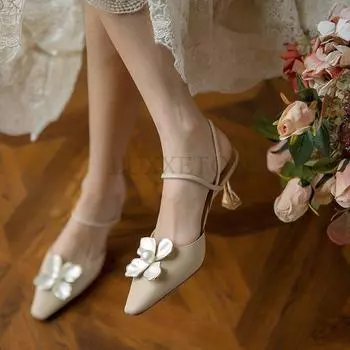 Модные женские туфли на высоком каблуке, летние босоножки с острым носком и цветочным принтом, женские модные сексуальные туфли для вечеринок и свадеб 35 абрикосовый