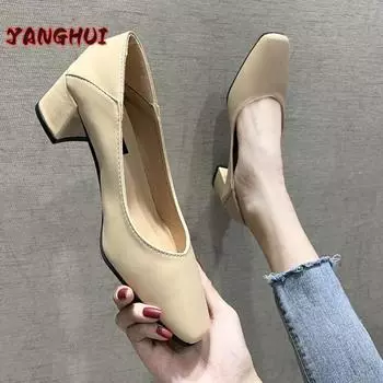 Модные женские туфли на высоком каблуке, однотонные, с неглубоким горлом, квадратной головкой, большие женские туфли, универсальный темперамент 35-41 35 красный